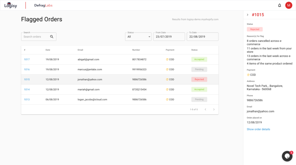 Logisy flags fraud orders and rejects them automatically to save you from COD and RTO Losses